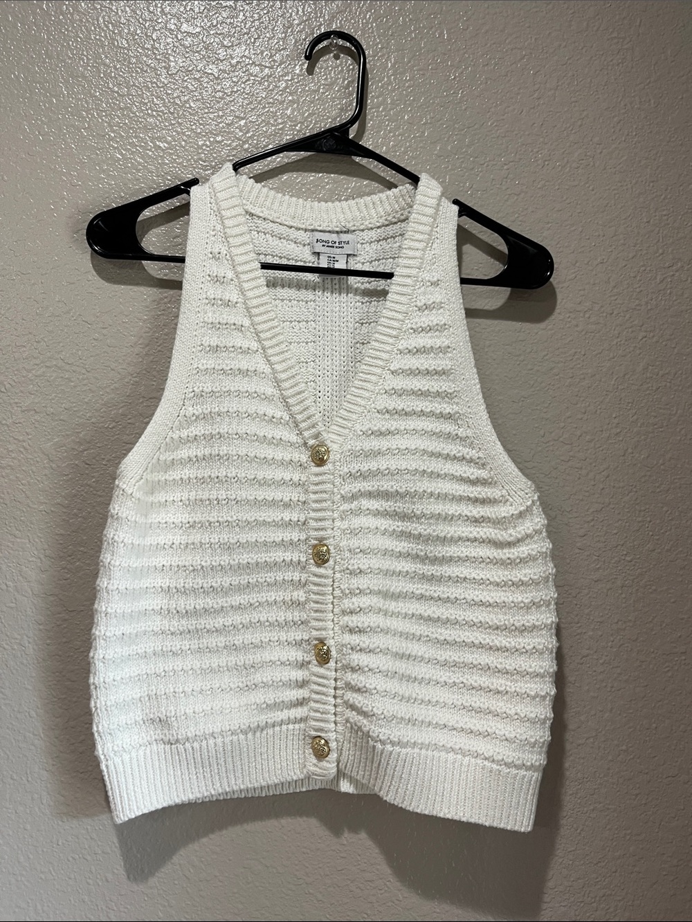Song of Style White Knit V-Neck Button Vest Gold Buttons Sz M Sleeveless Boho
